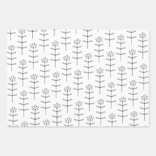 Whimsical Floral Line Art Sketch Black en White Inpakpapier Vel (Voorkant 2)