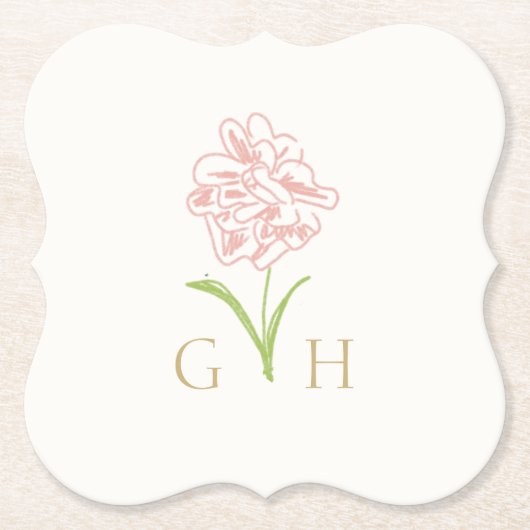 Whimsical Floral Line-getrokken Roos bruiloft Kartonnen Onderzetters (Voorkant)