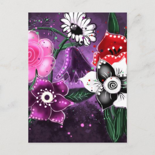 Whimsical Floral Paarse Black Pink Daisy Daffodil Briefkaart (Voorkant)