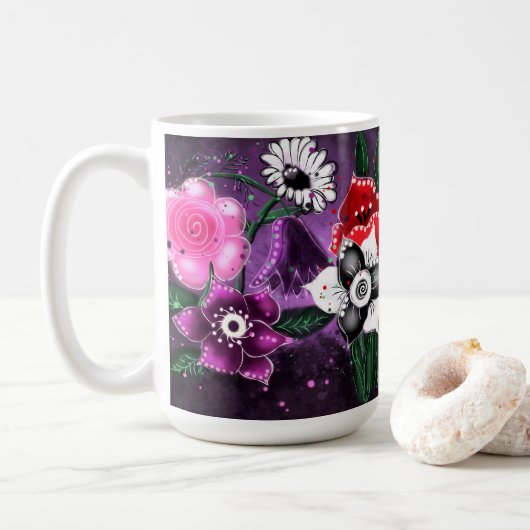 Whimsical Floral Paarse Black Pink Daisy Daffodil Koffiemok (Met donut)