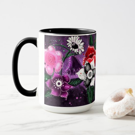 Whimsical Floral Paarse Black Pink Daisy Daffodil Mok (Met donut)