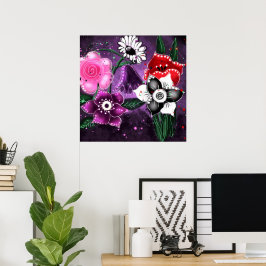 Whimsical Floral Paarse Black Pink Daisy Daffodil Poster