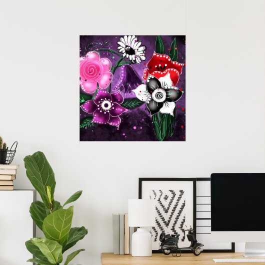 Whimsical Floral Paarse Black Pink Daisy Daffodil Poster (Thuiskantoor)