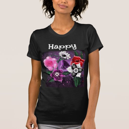 Whimsical Floral Paarse Black Pink Daisy Daffodil T-shirt (Voorkant)