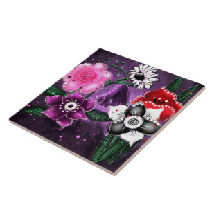 Whimsical Floral Paarse Black Pink Daisy Daffodil Tegeltje