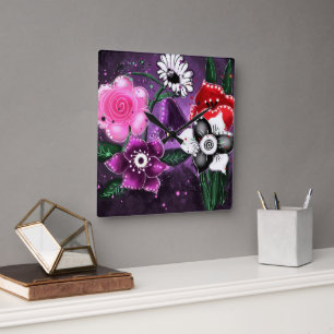 Whimsical Floral Paarse Black Pink Daisy Daffodil Vierkante Klok