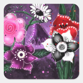 Whimsical Floral Paarse Black Pink Daisy Daffodil Vierkante Sticker
