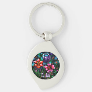 Whimsical Floral Paarse Blauw Roze Gepersonaliseer Sleutelhanger