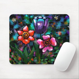 Whimsical Floral Paarse Blauwe Roze Bloemen Muismat