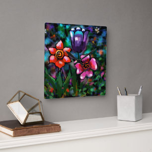 Whimsical Floral Paarse Blauwe Roze Bloemen Vierkante Klok