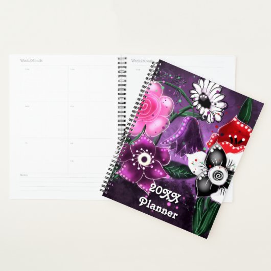 Whimsical Floral Paarse Zwarte Roze Bloemen Planner (Display)