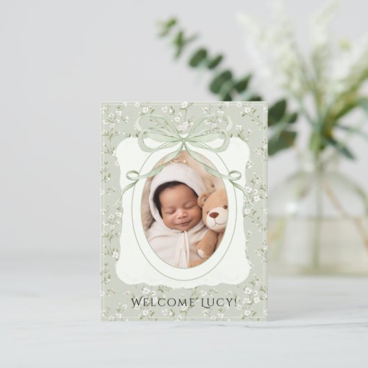 Whimsical Floral Photo Baby Birth Aankondigingskaart (Staand voorkant)