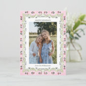 Whimsical Floral Pink Green Modern Christmas Photo Feestdagenkaart (Staand voorkant)