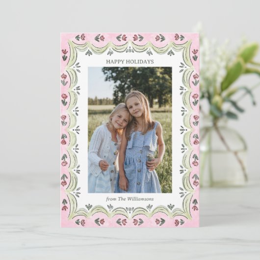 Whimsical Floral Pink Green Modern Christmas Photo Feestdagenkaart (Staand voorkant)