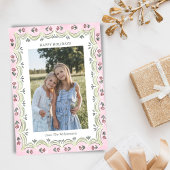 Whimsical Floral Pink Green Modern Christmas Photo Feestdagenkaart