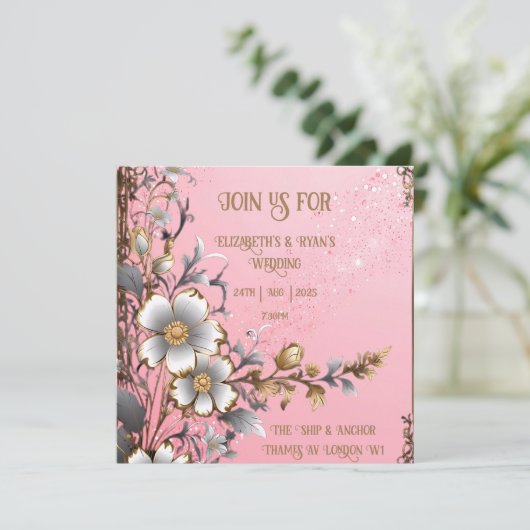 Whimsical Floral Pink Romance bruiloft uitnodiging (Staand voorkant)
