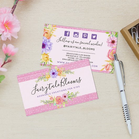 Whimsical Floral Rozen & Rustic Wood Social Media Visitekaartje