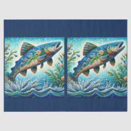 Whimsical Floral Salmon Fish Blue Decoupage Tissuepapier