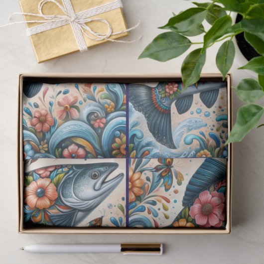 Whimsical Floral Salmon Fish Decoupage Tissuepapier (Geschenk)
