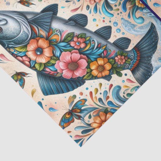 Whimsical Floral Salmon Fish Decoupage Tissuepapier (Detail)