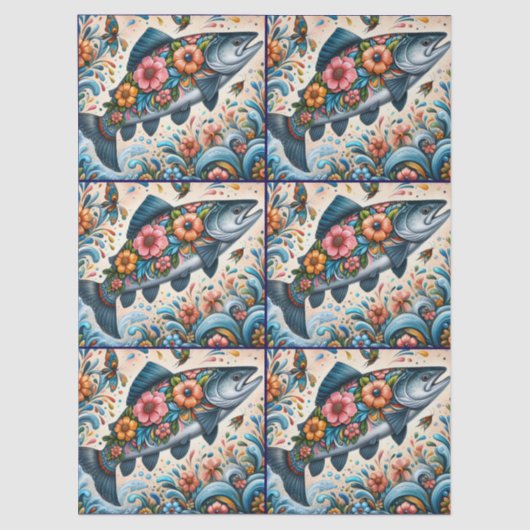 Whimsical Floral Salmon Fish Decoupage Tissuepapier (Voorkant)