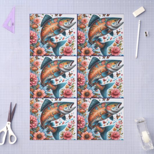 Whimsical Floral Salmon Fish Decoupage  Tissuepapier (Craft)