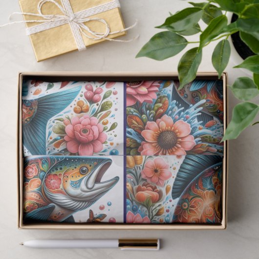 Whimsical Floral Salmon Fish Decoupage Tissuepapier (Geschenk)