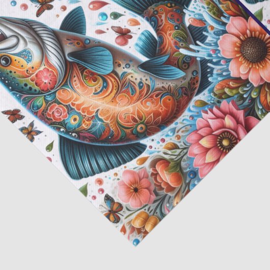 Whimsical Floral Salmon Fish Decoupage  Tissuepapier (Detail)