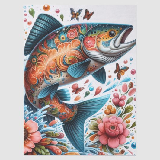 Whimsical Floral Salmon Fish Decoupage Tissuepapier (Voorkant)