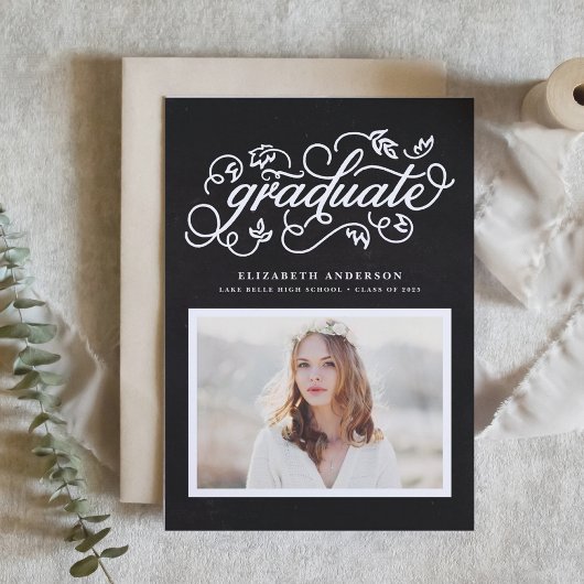 Whimsical Floral Script Chalkboard Graduation Kaart