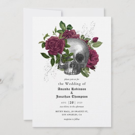 Whimsical Floral Skull Gothic Wedding Invitation Kaart (Voorkant)