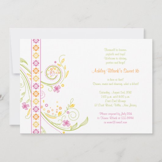 Whimsical Floral Sweet 16 Birthday Invitation Kaart (Voorkant)