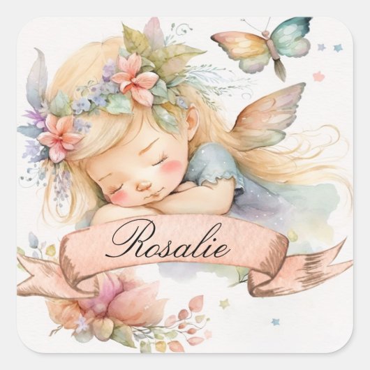 Whimsical Floral Sweet Dreams Slapen Fairy Meisje Vierkante Sticker (Voorkant)