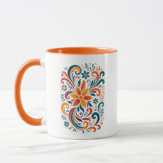 Whimsical Floral Swirl Mug - Orange  Accent Handle Mok