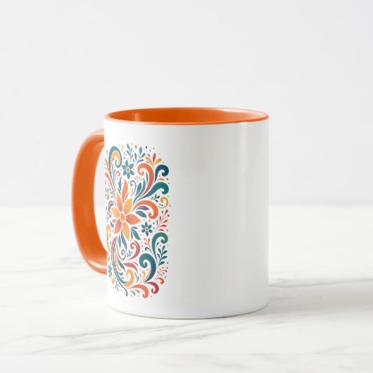 Whimsical Floral Swirl Mug - Orange Accent Handle Mok (Voorkant links)