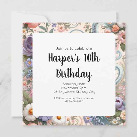 Whimsical Floral Swirls in Pastel Kaart (Achterkant)