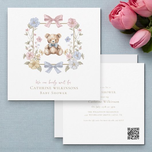 Whimsical Floral Teddy Bear Baby Shower QR code Kaart
