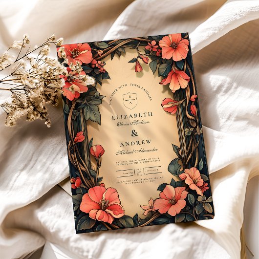 Whimsical Floral Wedding Art Nouveau Kaart