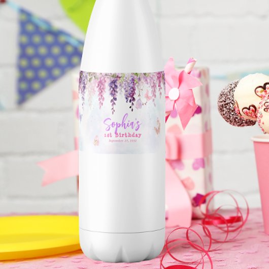 Whimsical Floral Wisteria Butterly Kids Verjaardag Waterfles Etiket