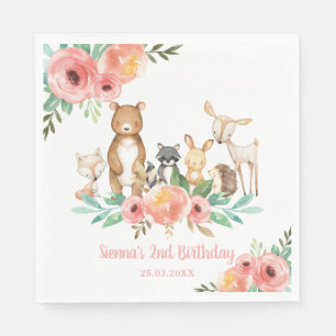 Whimsical Floral Woodland Animals 1st Birthday Servet