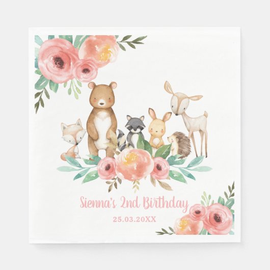 Whimsical Floral Woodland Animals 1st Birthday Servet (Voorkant)