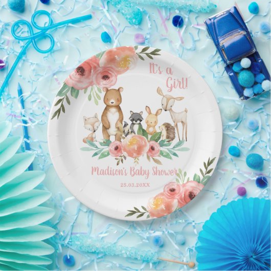 Whimsical Floral Woodland Animals Baby shower Girl Papieren Bordje (Feest)
