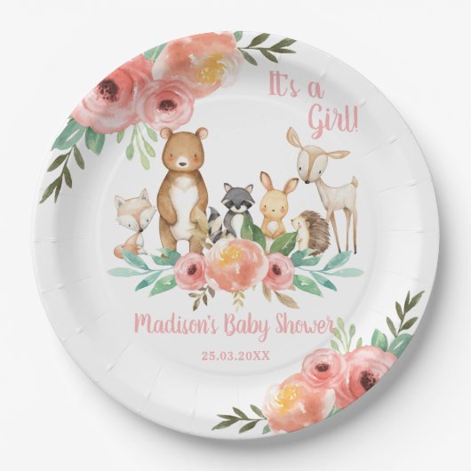 Whimsical Floral Woodland Animals Baby shower Girl Papieren Bordje (Voorkant)