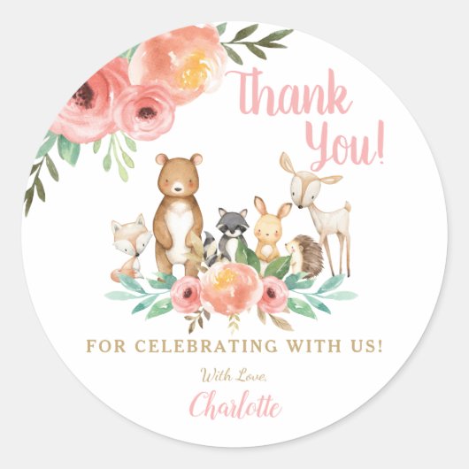 Whimsical Floral Woodland Animals Bedankt Favor Ronde Sticker (Voorkant)