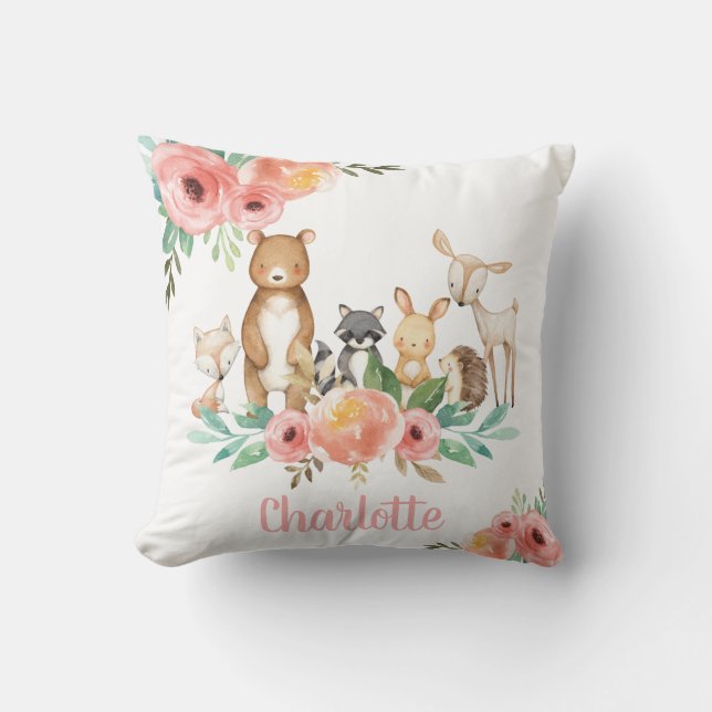 Whimsical Floral Woodland Animals Girl Nursery Kussen (Voorkant)