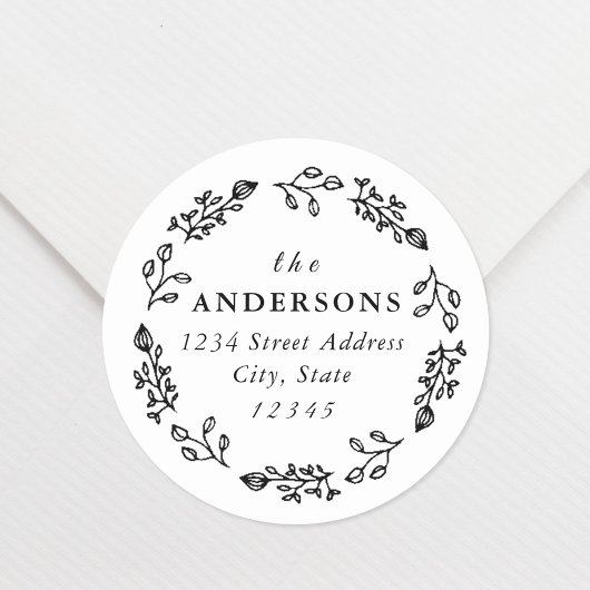 Whimsical Floral WreatFamily Name Return Address Ronde Sticker