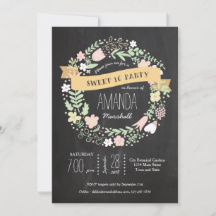 Whimsical Floral Wreath Chalkboard Sweet 16 Foto Kaart