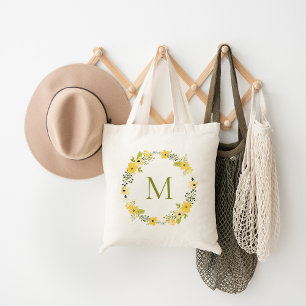 Whimsical Floral Wreath Monogram Tote Bag