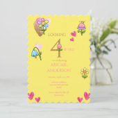 Whimsical Floral Yellow 4th  Birthday Party  Kaart (Staand voorkant)