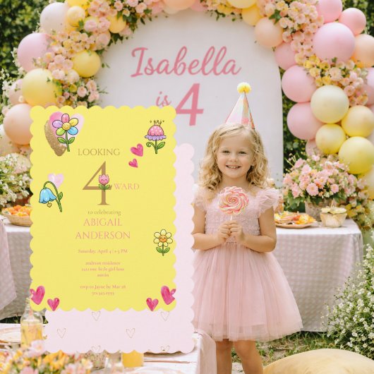 Whimsical Floral Yellow 4th  Birthday Party  Kaart